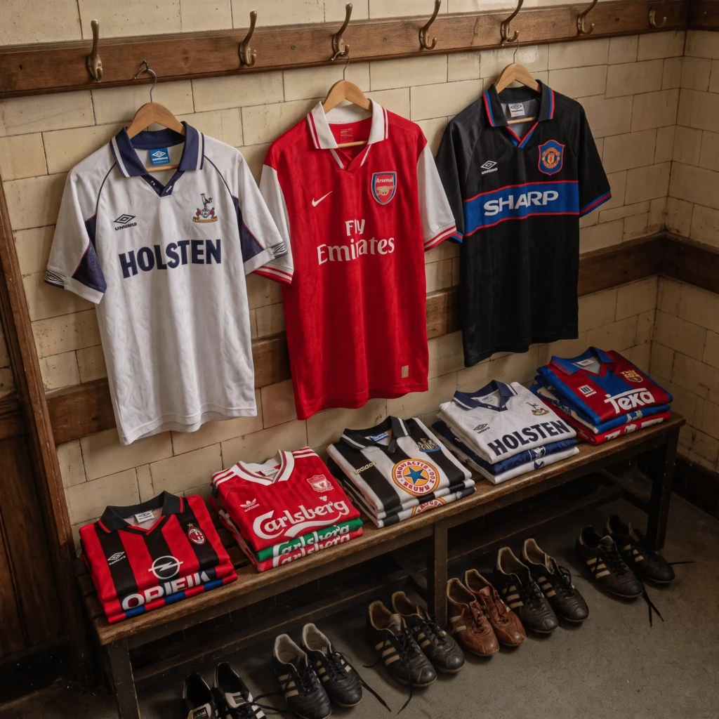 Classic football shirts folded on a dressing room bench